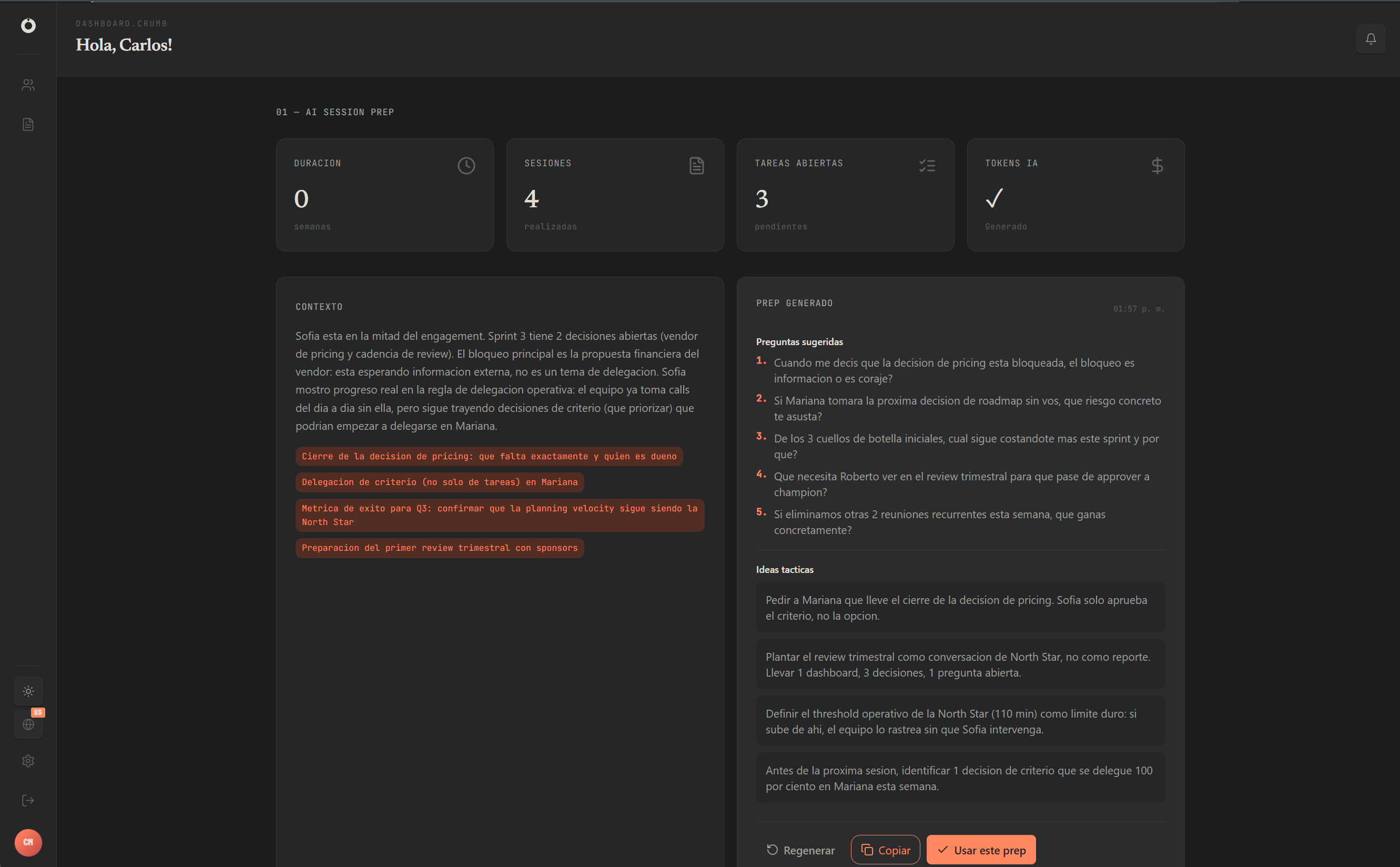 Preparación de sesión generada por IA con contexto, temas, preguntas e ideas