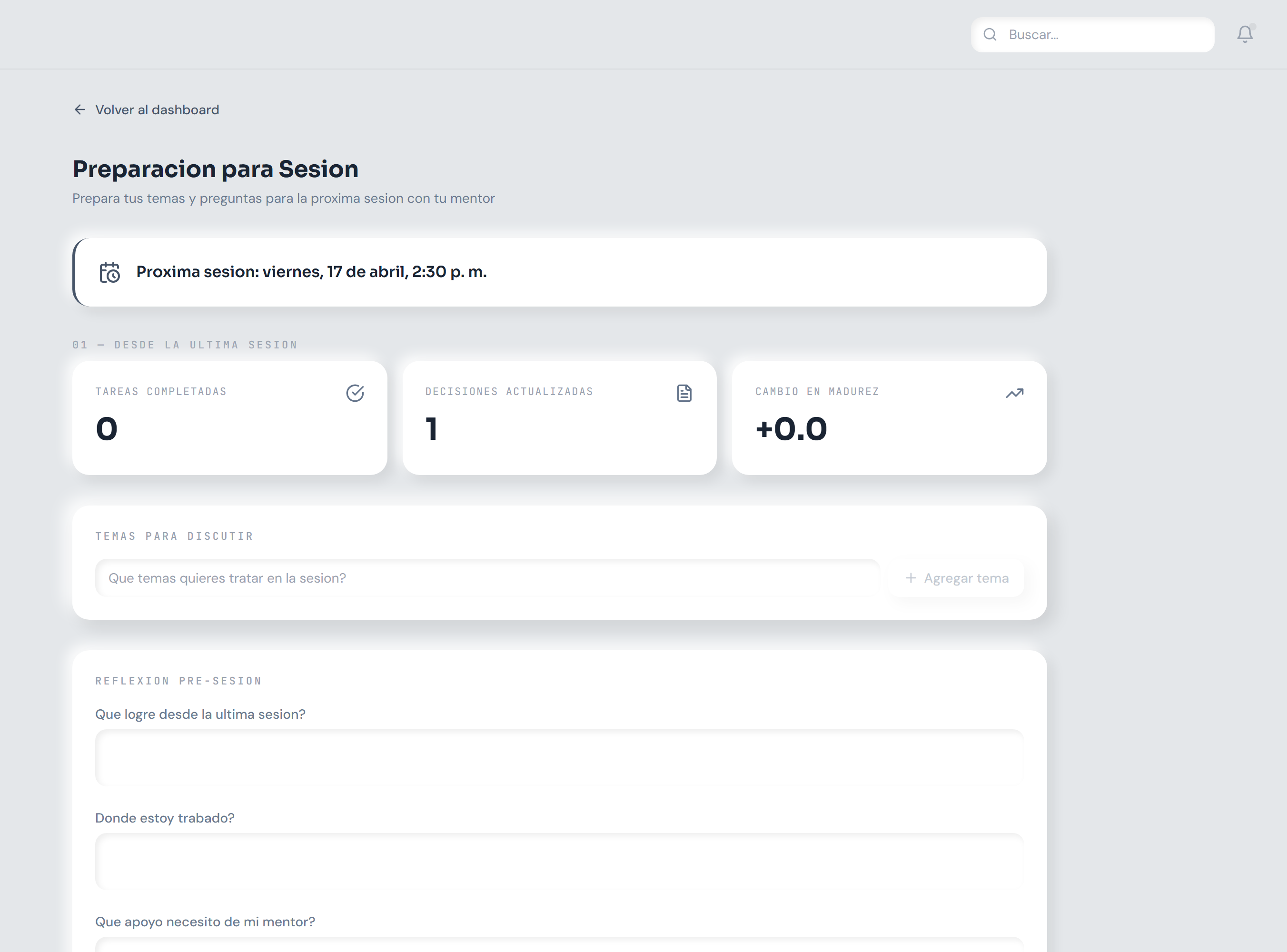 Preparación de sesión generada por IA con contexto, temas, preguntas e ideas