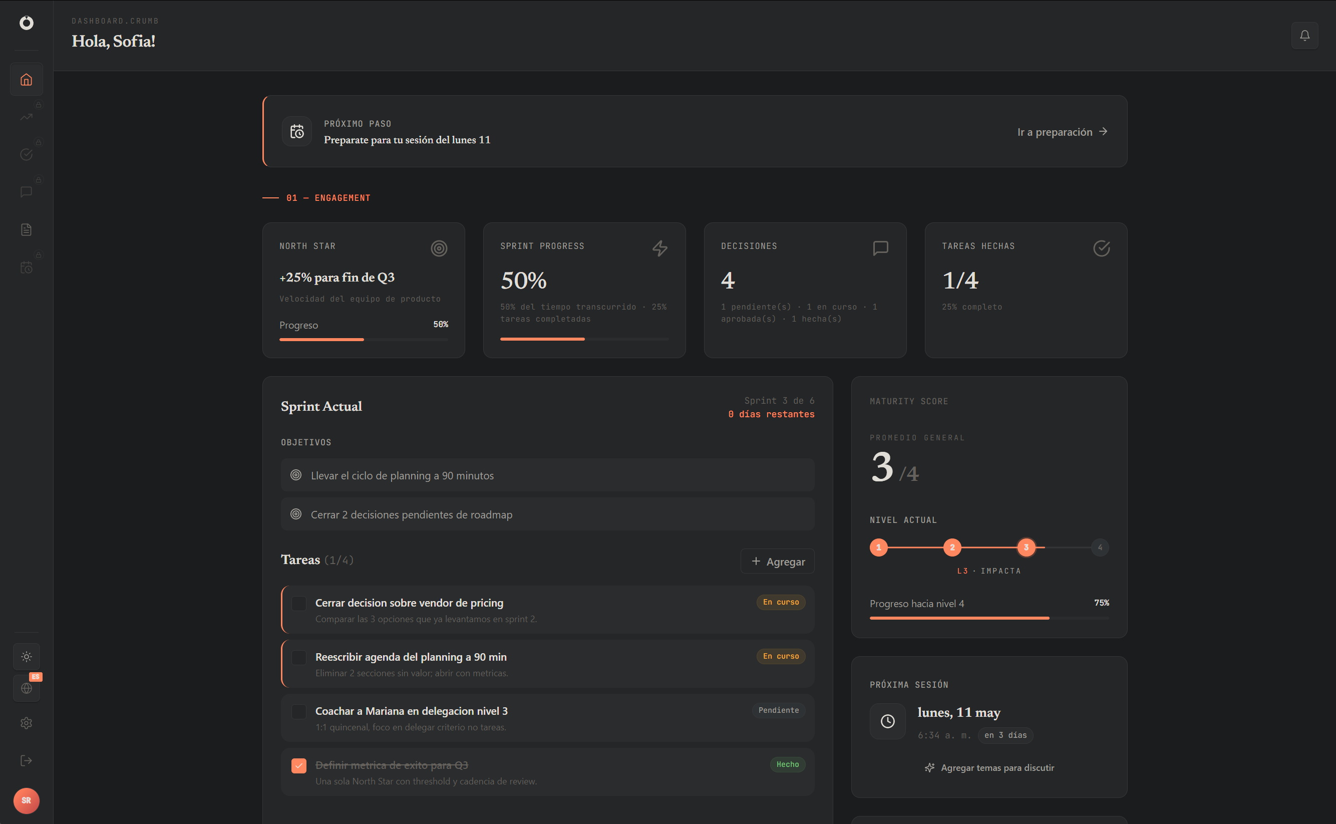 Dashboard del mentee mostrando North Star, avance de sprint y tareas actuales