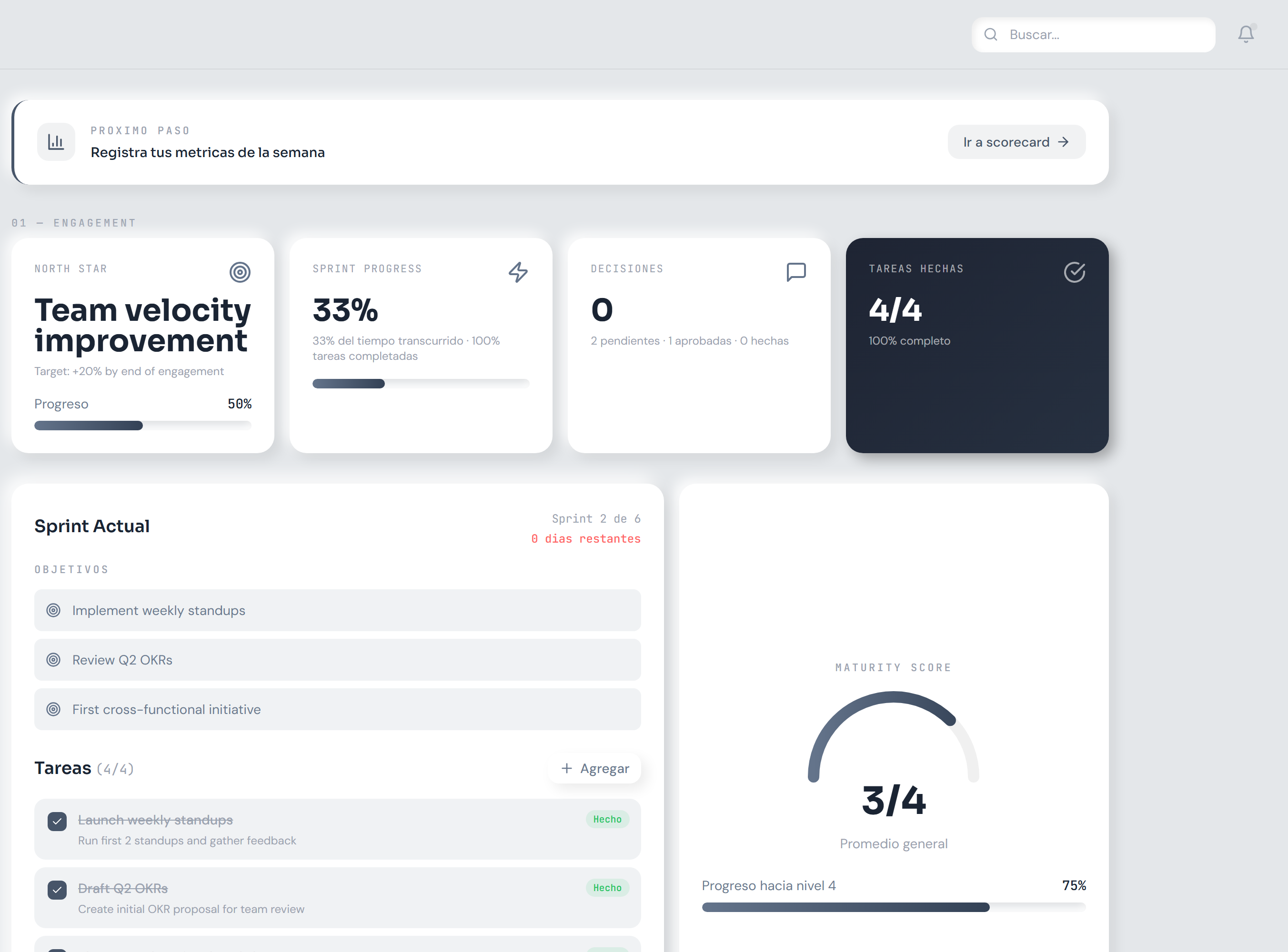Dashboard del mentee mostrando North Star, avance de sprint y tareas actuales